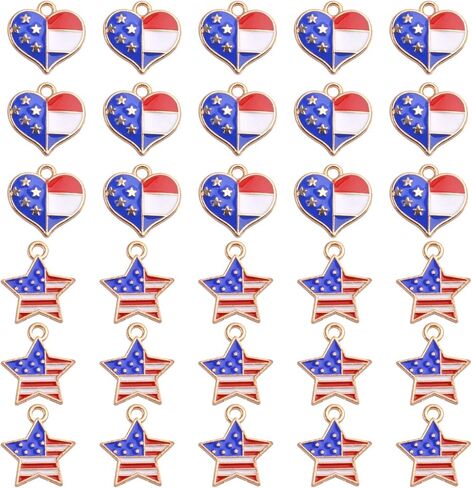 30 Pieces American Flag Alloy Charms Pendant Patriotic Enamel Charms Ornament of DIY Decoration, Star-shaped and Heart-shaped in Kuwait