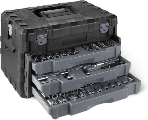 Amazon Basics 287-Piece Mechanic Tool Set with Sockets, Ratchets & Wrenches, 1/4", 3/8", 1/2" Quick-Release, Metric and SAE - 3-Drawer Case in Kuwait