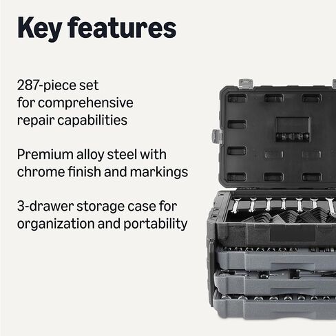Amazon Basics 287-Piece Mechanic Tool Set with Sockets, Ratchets & Wrenches, 1/4", 3/8", 1/2" Quick-Release, Metric and SAE - 3-Drawer Case in Kuwait