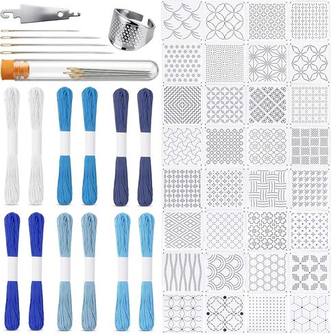 Boocalny 58 Pcs Sashiko Thread Kit, 32 Plastic Sashiko Stencil, 12 Skeins Blue Sashiko Thread,12 Sashiko Needles,Thimble, Needle Threader, Embroidery Pattern Projects for Hand Quilting and Embroidery in Saudi Arabia