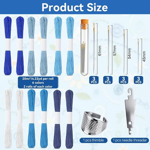 Boocalny 58 Pcs Sashiko Thread Kit, 32 Plastic Sashiko Stencil, 12 Skeins Blue Sashiko Thread,12 Sashiko Needles,Thimble, Needle Threader, Embroidery Pattern Projects for Hand Quilting and Embroidery in Saudi Arabia