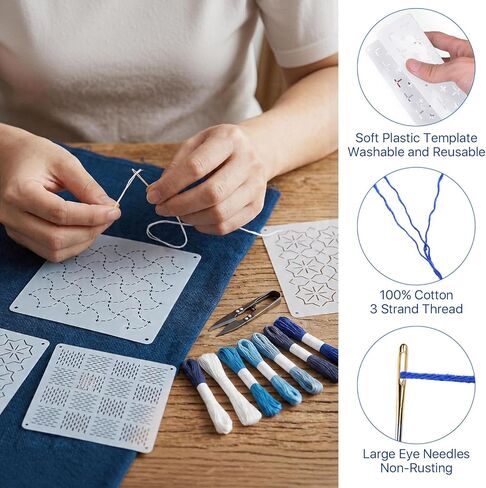 Boocalny 58 Pcs Sashiko Thread Kit, 32 Plastic Sashiko Stencil, 12 Skeins Blue Sashiko Thread,12 Sashiko Needles,Thimble, Needle Threader, Embroidery Pattern Projects for Hand Quilting and Embroidery in Saudi Arabia