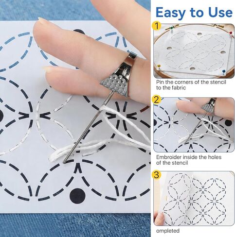 Boocalny 58 Pcs Sashiko Thread Kit, 32 Plastic Sashiko Stencil, 12 Skeins Blue Sashiko Thread,12 Sashiko Needles,Thimble, Needle Threader, Embroidery Pattern Projects for Hand Quilting and Embroidery in Saudi Arabia