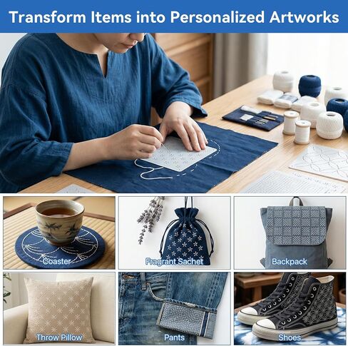 Boocalny 58 Pcs Sashiko Thread Kit, 32 Plastic Sashiko Stencil, 12 Skeins Blue Sashiko Thread,12 Sashiko Needles,Thimble, Needle Threader, Embroidery Pattern Projects for Hand Quilting and Embroidery in Saudi Arabia