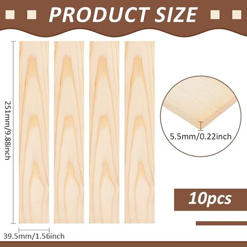 BENECREAT 10pcs Unfinished Wood Blocks, 10 x 1.5inch Rectangle Pine Wood Board, 5.5mm Thick Sheets Carving Blocks for Arts Crafts DIY, Paintings Panel in Kuwait