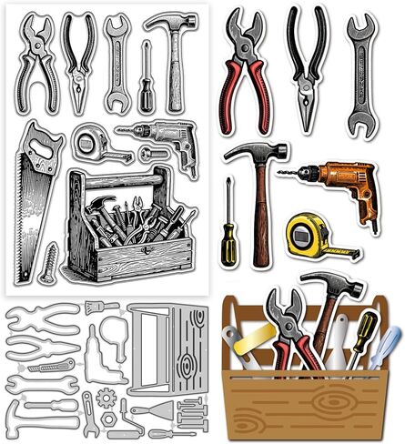 GLOBLELAND Toolbox Clear Stamps and Cutting Dies Set Wrench Silicone Clear Stamps and Metal Die Cuts for Card Making and DIY Scrapbooking in Kuwait