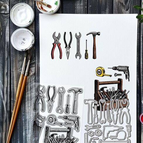 GLOBLELAND Toolbox Clear Stamps and Cutting Dies Set Wrench Silicone Clear Stamps and Metal Die Cuts for Card Making and DIY Scrapbooking in Kuwait