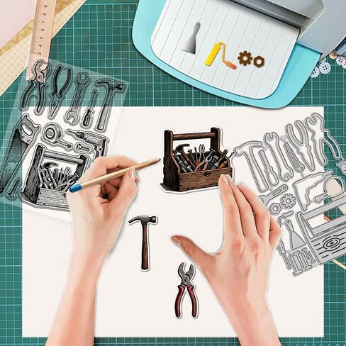 GLOBLELAND Toolbox Clear Stamps and Cutting Dies Set Wrench Silicone Clear Stamps and Metal Die Cuts for Card Making and DIY Scrapbooking in Kuwait