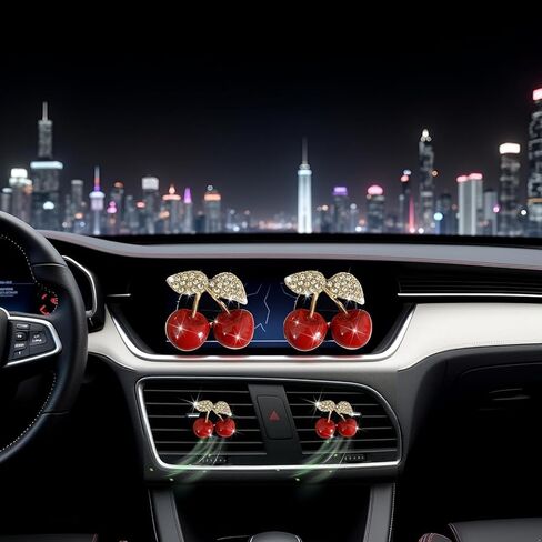 2PCS Cherry Car Air Vent Freshener Perfume Clip, Rhinestone Vehicle A/C Outlet Clips Bling Charm with Scented Pads, Sparkly Diamond Vent Clamp Cute Cherry Decoration for Women in Saudi Arabia
