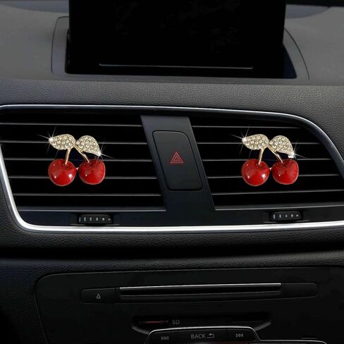 2PCS Cherry Car Air Vent Freshener Perfume Clip, Rhinestone Vehicle A/C Outlet Clips Bling Charm with Scented Pads, Sparkly Diamond Vent Clamp Cute Cherry Decoration for Women in Saudi Arabia