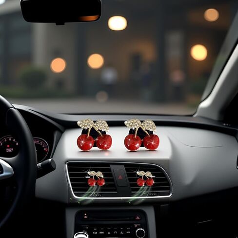 2PCS Cherry Car Air Vent Freshener Perfume Clip, Rhinestone Vehicle A/C Outlet Clips Bling Charm with Scented Pads, Sparkly Diamond Vent Clamp Cute Cherry Decoration for Women in Saudi Arabia