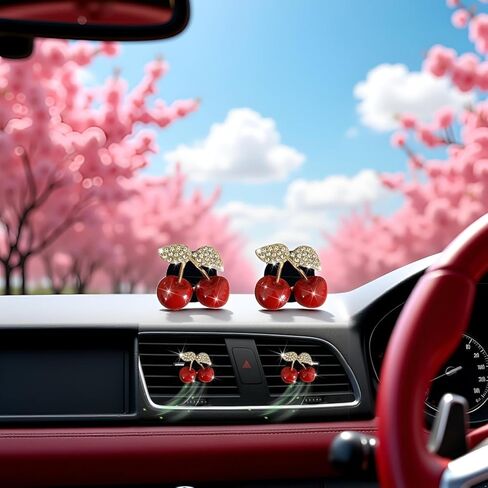 2PCS Cherry Car Air Vent Freshener Perfume Clip, Rhinestone Vehicle A/C Outlet Clips Bling Charm with Scented Pads, Sparkly Diamond Vent Clamp Cute Cherry Decoration for Women in Saudi Arabia