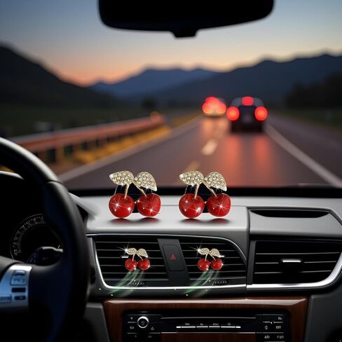 2PCS Cherry Car Air Vent Freshener Perfume Clip, Rhinestone Vehicle A/C Outlet Clips Bling Charm with Scented Pads, Sparkly Diamond Vent Clamp Cute Cherry Decoration for Women in Saudi Arabia