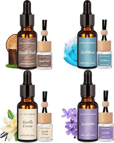 8 Pack Car Air Freshener & Refill Set, 4-Scent Hanging Air Freshener Diffuser - Each(8ml +20ml Refills), Natural Essential Oil Diffuser, Reusable Car Fragrance Decor Accessories in Saudi Arabia
