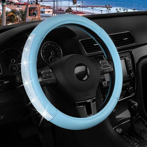 غطاء عجلة القيادة PIC AUTO، تصميم جلدي متطابق من حجر الراين باللون الأزرق الفاتح، يناسب عجلات القيادة مقاس 14.5-15.5 بوصة، غطاء توجيه السيارة مضاد للانزلاق مع قبضة آمنة للنساء والفتيات in Kuwait