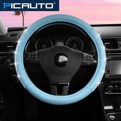 غطاء عجلة القيادة PIC AUTO، تصميم جلدي متطابق من حجر الراين باللون الأزرق الفاتح، يناسب عجلات القيادة مقاس 14.5-15.5 بوصة، غطاء توجيه السيارة مضاد للانزلاق مع قبضة آمنة للنساء والفتيات in Kuwait