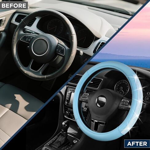 غطاء عجلة القيادة PIC AUTO، تصميم جلدي متطابق من حجر الراين باللون الأزرق الفاتح، يناسب عجلات القيادة مقاس 14.5-15.5 بوصة، غطاء توجيه السيارة مضاد للانزلاق مع قبضة آمنة للنساء والفتيات in Kuwait