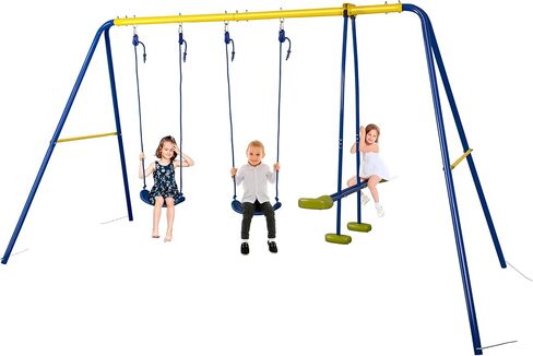 HLC Metal Kids Garden Swing Set with Glider for Toddler Heavy-Duty A-Frame with 2 Seats and 1 Swing Glider for Outdoor Backyard, Ages 3-10, Hold up to 440lbs in Saudi Arabia