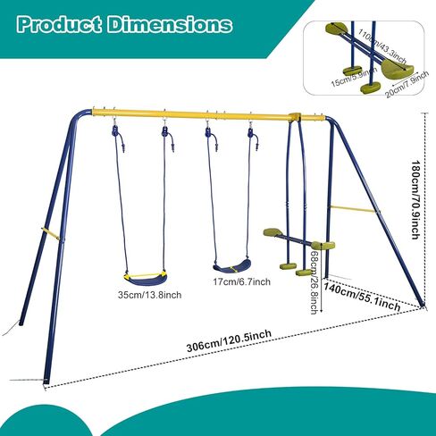 HLC Metal Kids Garden Swing Set with Glider for Toddler Heavy-Duty A-Frame with 2 Seats and 1 Swing Glider for Outdoor Backyard, Ages 3-10, Hold up to 440lbs in Saudi Arabia