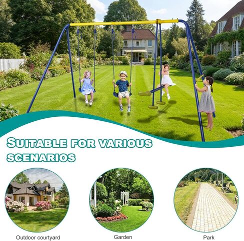 HLC Metal Kids Garden Swing Set with Glider for Toddler Heavy-Duty A-Frame with 2 Seats and 1 Swing Glider for Outdoor Backyard, Ages 3-10, Hold up to 440lbs in Saudi Arabia