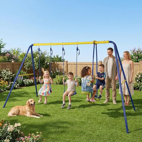 HLC Metal Kids Garden Swing Set with Glider for Toddler Heavy-Duty A-Frame with 2 Seats and 1 Swing Glider for Outdoor Backyard, Ages 3-10, Hold up to 440lbs in Saudi Arabia
