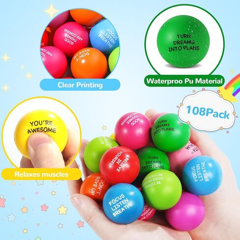 108 Pack Stress Balls Bulk for Adults, Ten Colorful Foam Anxiety Relief Fidget Squeeze Toys with Motivational Quotes, Office Appreciation Gifts, Classroom Rewards in Saudi Arabia