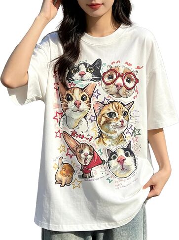 Y2K Retro Fun Cartoon Cat Print T-Shirt Womens Kawaii Loose Top Cute Graphic T Shirts Casual Tees in Saudi Arabia