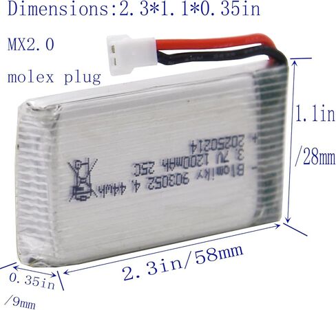 Blomiky 2 Pack 3.7V 1S 1200mAh Li-PO MX2.0 Plug 25C Batteries and 2 Cables Suitable for Syma X5SW X5SC RC Quadcopter Helicopter Drone / 3.7V 1200mAh MX2.0 * 2 in Kuwait