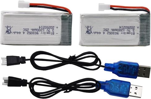 Blomiky 2 Pack 3.7V 1S 1200mAh Li-PO MX2.0 Plug 25C Batteries and 2 Cables Suitable for Syma X5SW X5SC RC Quadcopter Helicopter Drone / 3.7V 1200mAh MX2.0 * 2 in Kuwait