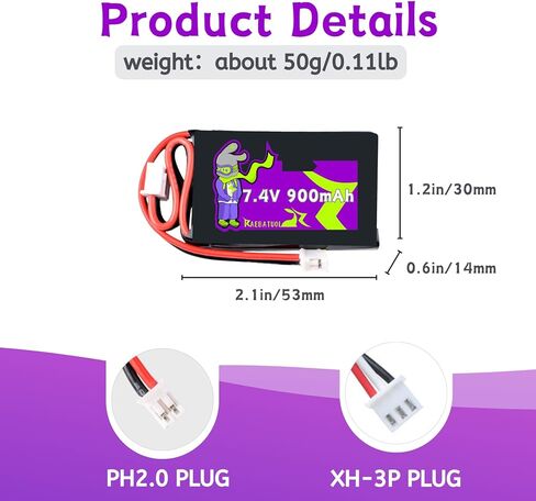 7.4V 900mAh PH2.0 Plug Lipo Batteries Compatible with AXIAL SCX24 RC Truck AXI-1219T1,AXI-1219T2,AXI-1219T3,AXI00007T1,AXI00005V2T5,RC Battery with 2 in 1 2S Charger USB Cable in Saudi Arabia