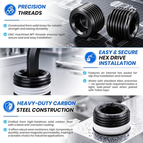 TAILONZ PNEUMATIC 3 قطعة 3/8 بوصة NPT ذكر تركيب أنابيب الصلب الكربوني الأسود، قابس سداسي غرق in Kuwait