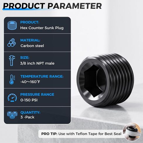 TAILONZ PNEUMATIC 3 قطعة 3/8 بوصة NPT ذكر تركيب أنابيب الصلب الكربوني الأسود، قابس سداسي غرق in Kuwait
