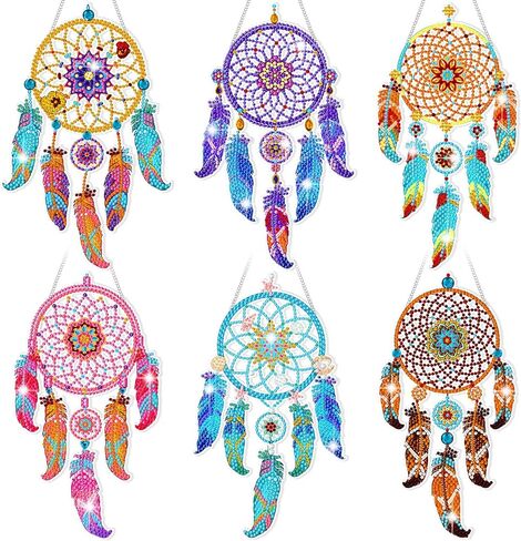 Honoson 6 قطع ماندالا حلم الماسك الماس اللوحة مجموعات للبالغين suncatcher الماس الفن شنقا مجموعات الرياح الدقات 5D حجر الراين suncatcher الكريستال شنقا زخرفة DIY الحرفية نافذة ديكور المنزل in Kuwait