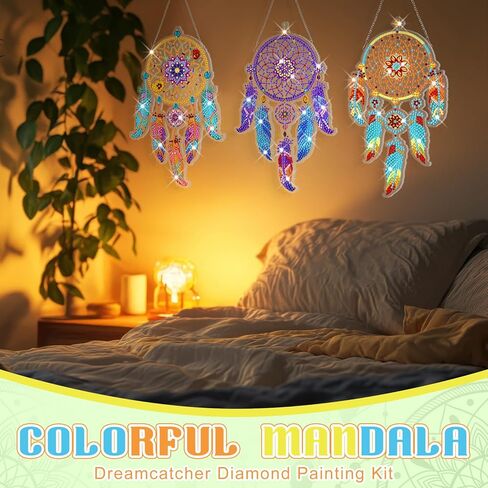 Honoson 6 قطع ماندالا حلم الماسك الماس اللوحة مجموعات للبالغين suncatcher الماس الفن شنقا مجموعات الرياح الدقات 5D حجر الراين suncatcher الكريستال شنقا زخرفة DIY الحرفية نافذة ديكور المنزل in Kuwait
