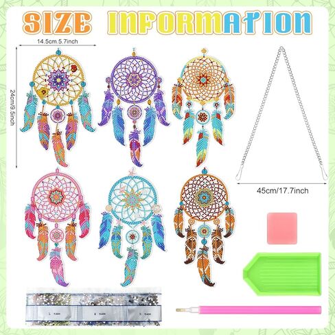 Honoson 6 قطع ماندالا حلم الماسك الماس اللوحة مجموعات للبالغين suncatcher الماس الفن شنقا مجموعات الرياح الدقات 5D حجر الراين suncatcher الكريستال شنقا زخرفة DIY الحرفية نافذة ديكور المنزل in Kuwait
