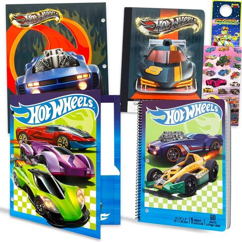 مجموعة اللوازم المدرسية من Hot Wheels - حزمة مع دفاتر ملاحظات حلزونية، ودفتر تكوين، ومجلدين للحافظة، وملصقات، والمزيد | مجموعة اللوازم المدرسية من هوت ويلز للأولاد والبنات والأطفال in Kuwait