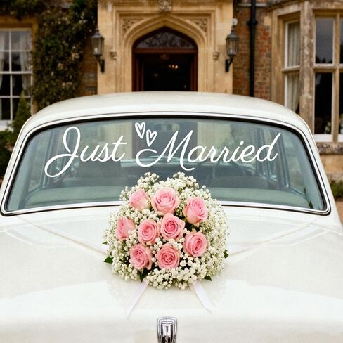 ملصق سيارة Just Married، ملصق ممتص للصدمات من الفينيل PVC الأبيض لتزيين سيارة الزفاف الجميلة لسيارة العروس والعريس in Kuwait