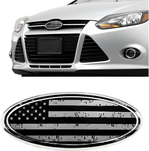 Sun Walker Front Grille American Flag Emblem, 7 Inch Aluminum Oval Overlay Rear Tailgate Emblem with Adhesive, USA Flag Grill Decal Badge Nameplate Sticker for F150 F250 F350 (Black) in Kuwait