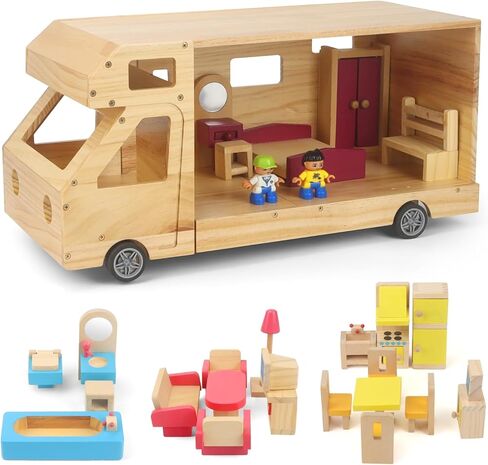 RV Camper Dollhouse for Kids, Wooden Rolling Motorhome with Full Furniture Set, Travel Doll House Toy with Miniature Rooms for Boys & Girls, Pretend Play Adventure Home in Saudi Arabia