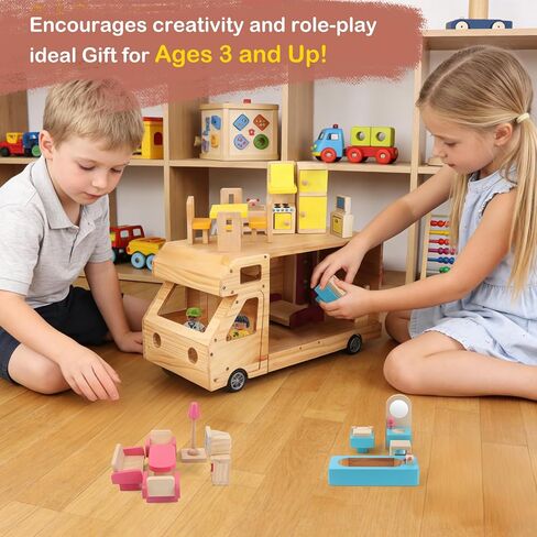 RV Camper Dollhouse for Kids, Wooden Rolling Motorhome with Full Furniture Set, Travel Doll House Toy with Miniature Rooms for Boys & Girls, Pretend Play Adventure Home in Saudi Arabia