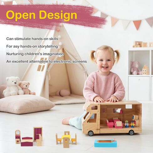 RV Camper Dollhouse for Kids, Wooden Rolling Motorhome with Full Furniture Set, Travel Doll House Toy with Miniature Rooms for Boys & Girls, Pretend Play Adventure Home in Saudi Arabia
