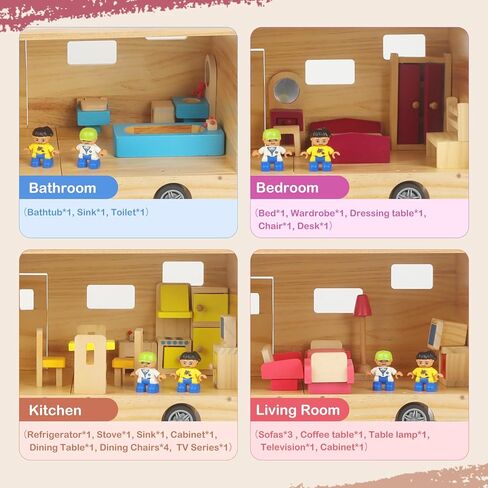 RV Camper Dollhouse for Kids, Wooden Rolling Motorhome with Full Furniture Set, Travel Doll House Toy with Miniature Rooms for Boys & Girls, Pretend Play Adventure Home in Saudi Arabia