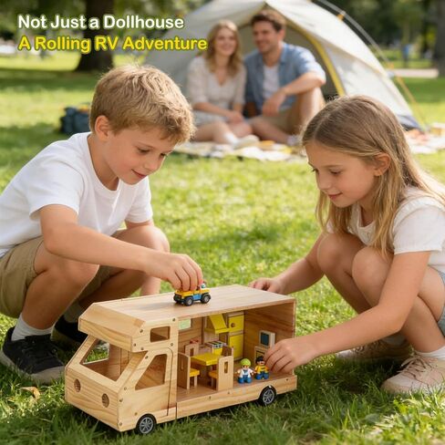 RV Camper Dollhouse for Kids, Wooden Rolling Motorhome with Full Furniture Set, Travel Doll House Toy with Miniature Rooms for Boys & Girls, Pretend Play Adventure Home in Saudi Arabia