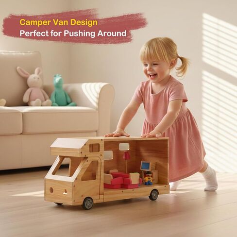 RV Camper Dollhouse for Kids, Wooden Rolling Motorhome with Full Furniture Set, Travel Doll House Toy with Miniature Rooms for Boys & Girls, Pretend Play Adventure Home in Saudi Arabia