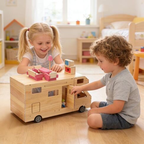 RV Camper Dollhouse for Kids, Wooden Rolling Motorhome with Full Furniture Set, Travel Doll House Toy with Miniature Rooms for Boys & Girls, Pretend Play Adventure Home in Saudi Arabia