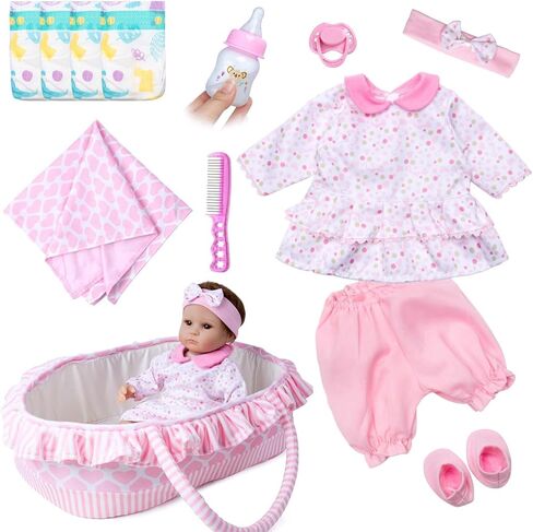 13 Pcs Reborn Baby Doll Accessories Pink Outfit for 16-18 Inch Babydolls Reborn Doll Clothes Newborn Baby Girl Clothes Set with Bassinet in Saudi Arabia