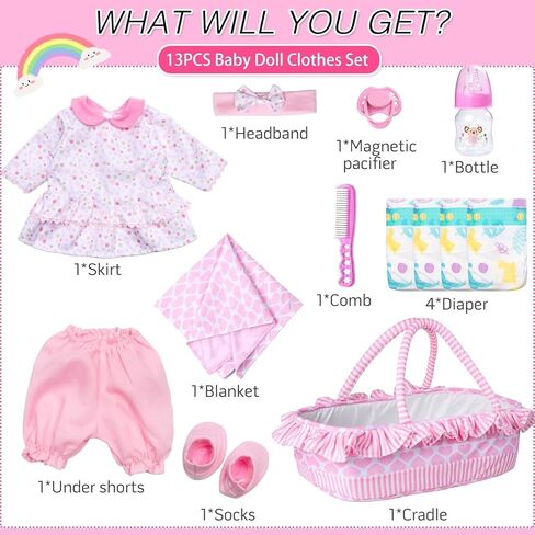 13 Pcs Reborn Baby Doll Accessories Pink Outfit for 16-18 Inch Babydolls Reborn Doll Clothes Newborn Baby Girl Clothes Set with Bassinet in Saudi Arabia
