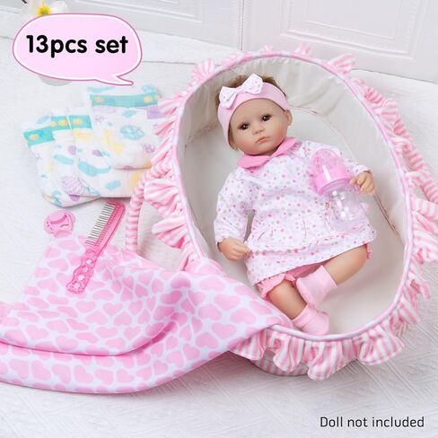 13 Pcs Reborn Baby Doll Accessories Pink Outfit for 16-18 Inch Babydolls Reborn Doll Clothes Newborn Baby Girl Clothes Set with Bassinet in Saudi Arabia