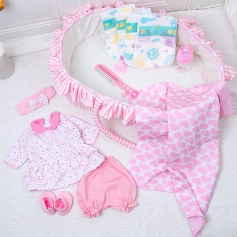 13 Pcs Reborn Baby Doll Accessories Pink Outfit for 16-18 Inch Babydolls Reborn Doll Clothes Newborn Baby Girl Clothes Set with Bassinet in Saudi Arabia