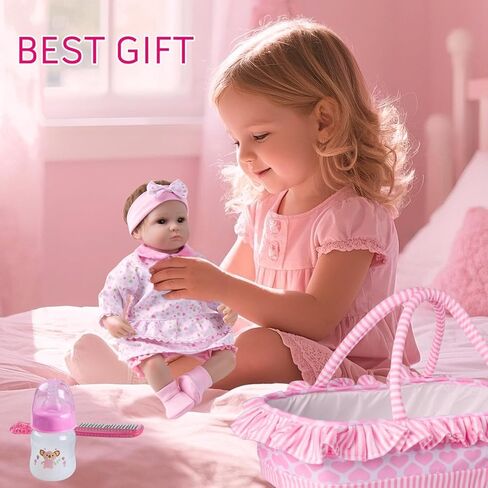 13 Pcs Reborn Baby Doll Accessories Pink Outfit for 16-18 Inch Babydolls Reborn Doll Clothes Newborn Baby Girl Clothes Set with Bassinet in Saudi Arabia